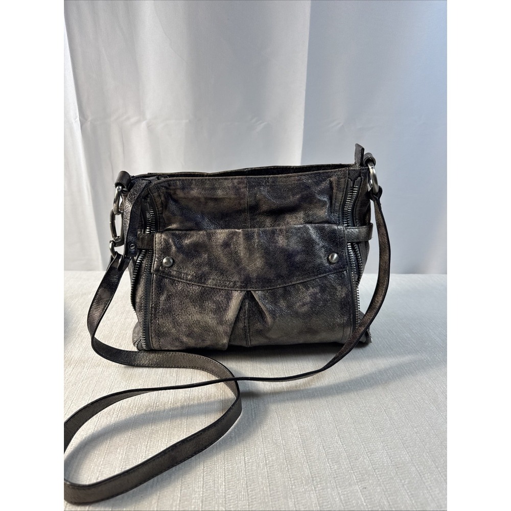 B Makowsky Leather Crossbody/Shoulder Bag Metallic Silver Marbleized Zipper Trim